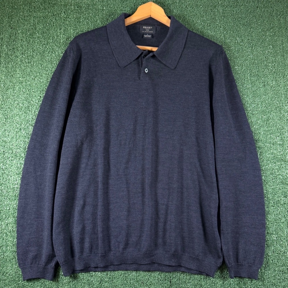 Brooks Brothers Polo Sweater Mens Large Navy Blue Good Fine Italian Merino Wool